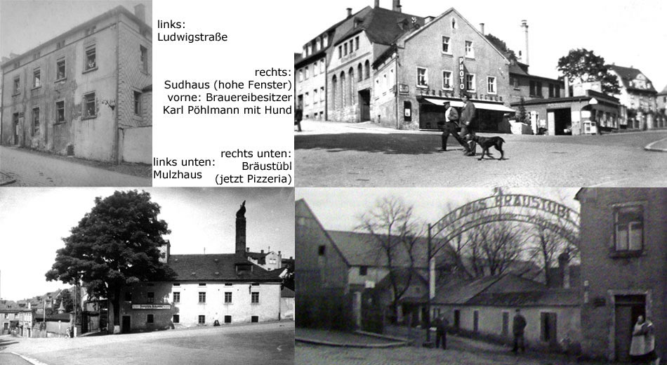 Nützel-Bräu - left: Ludwigstraße. right: brewhouse (high windows), in the foreground brewery owner Karl Pöhlmann with dog. left below: malt house. right below: brewery tavern (now Pizzeria)