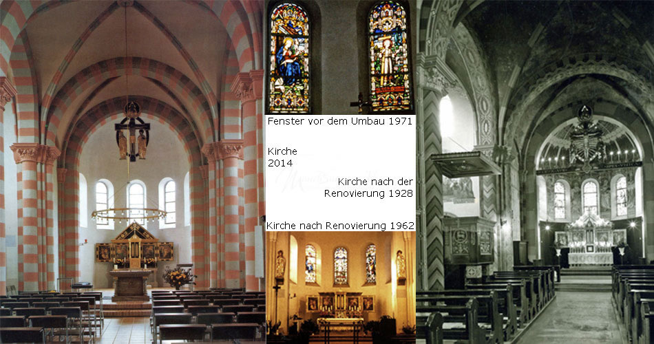 Windows from the rebuilding 1971 (top), Church 2014 (left), Church after the renovations of 1928 (right), Church after the renovation of 1962 (bottom)